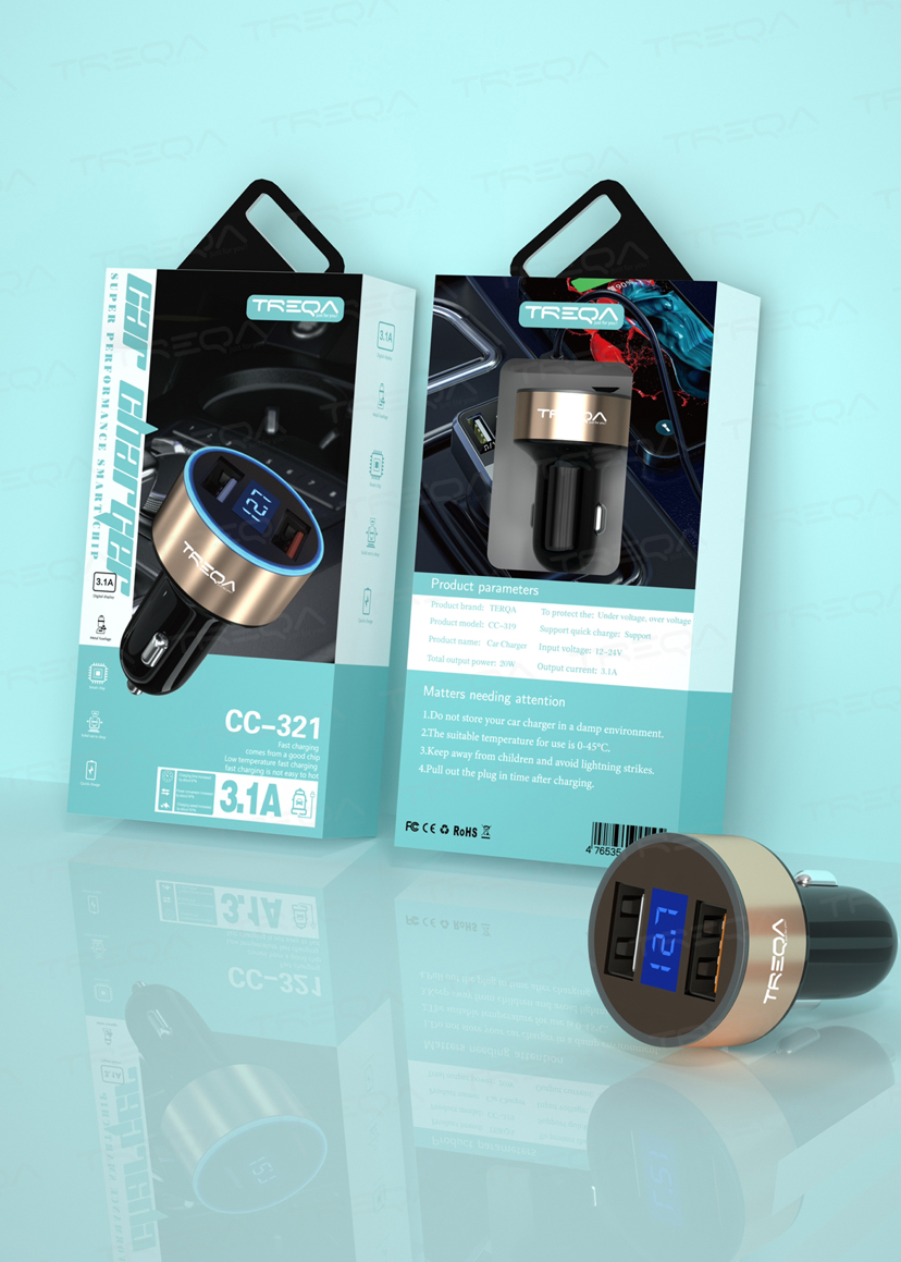 TREQA潮品车载手机充电器双USB数显光环3.1A车充